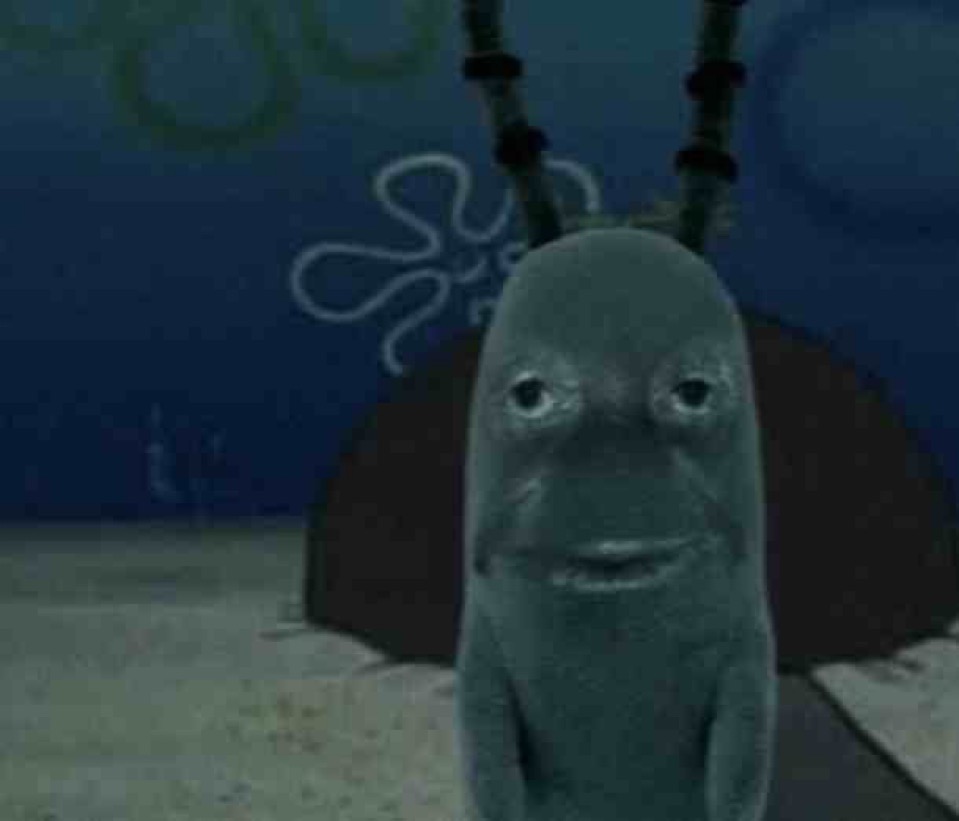 Cursed Plankton: a photoshopped, darkened, weary-looking Plankton standing in front of Patrick's rock